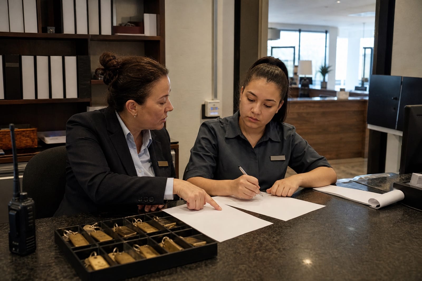 Руководитель смены и ночной администратор разбирают сложный гостевой кейс по обезличенному чек-листу